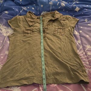 Eyeshadow Women's Olive Collared Short Sleeve Striped Pocket Blouse Size L Y2K